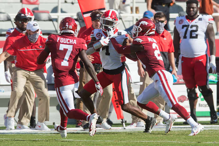 Arkansas safety Joe Foucha steps in to slow down a Georgia Bulldog offensive weapon during the 2021 season.